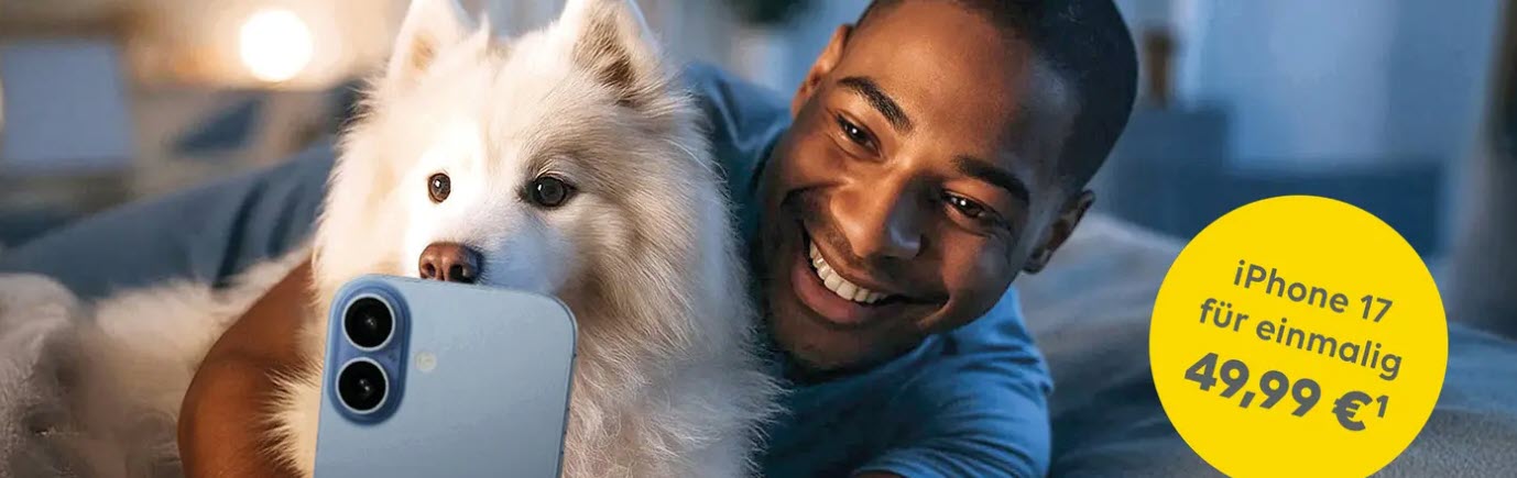 iPhone 17 iLove it Weißer Hund blickt auf ein hellblaues iPhone 17, gehalten von einer Person, im Hintergrund unscharf. Gelber Kreis mit Text 'iPhone 17 für einmalig 49,99 €¹'